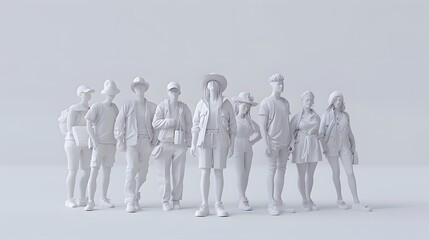 Illastrad 3D, a group of monochrome white sculptures in casual summer clothing.