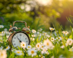 Spring forward. daylight saving time alarm clock on green grass with white flowers meadow background