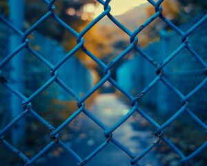 Fototapeta premium The blue color of the fence and the fishnet adds a pop of color to the scene, creating a visually appealing composition 8K , high-resolution, ultra HD,up32K HD