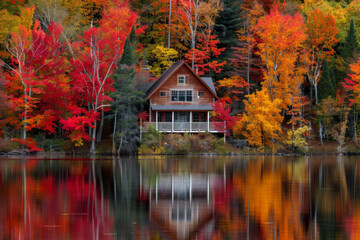 Fototapeta premium A tranquil lakeside cabin nestled amidst a forest of vibrant autumn foliage, with trees ablaze in hues of red, orange, and gold, reflecting in the calm waters of the lake.