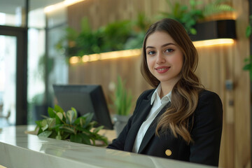 A young woman receptionist is standing with a bright cheerful smile radiating warmth and hospitality, Attractive young female receptionist standing in a luxurious hotel lobby, 