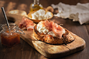 Crostini with fig chutney, mascarpone, and Parma ham