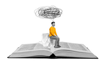 Trend artwork sketch image composite photo collage of huge book open page paper trash man bubble...