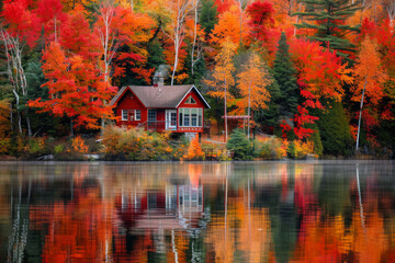 Fototapeta premium A tranquil lakeside cabin nestled amidst a forest of vibrant autumn foliage, with trees ablaze in hues of red, orange, and gold, reflecting in the calm waters of the lake.