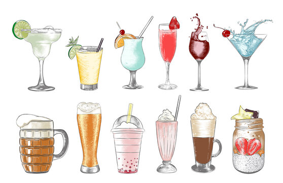PNG engraved style cold beverages and cocktails collection for posters, decoration and menu, logo. Hand drawn colorful sketches. Detailed vintage woodcut drawing.	
 - Powered by Adobe