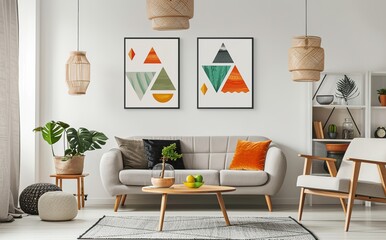 interior design,Vibrant Contemporary Living Room with Several graphic  in bright colors 3d rendering