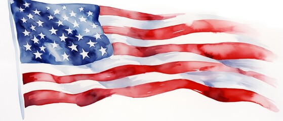 Watercolor painting of the American flag with stars and stripes