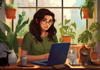 Woman working on laptop at home with cat and plants in the background