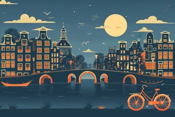 Obraz premium Minimalist Amsterdam Travel Theme with Canal and Bicycle Motifs
