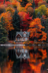 Fototapeta premium A tranquil lakeside cabin nestled amidst a forest of vibrant autumn foliage, with trees ablaze in hues of red, orange, and gold, reflecting in the calm waters of the lake.