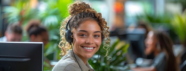 Friendly customer service representative with headset in a vibrant office setting