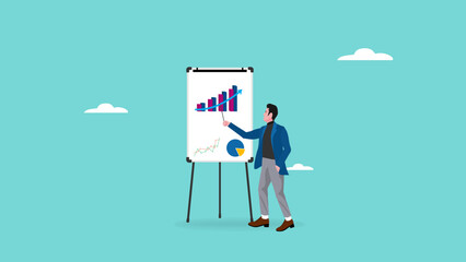 powerful business presentation, expertise to convey the progress of a business's work or investment, businessman present business analysis report on whiteboard in company meeting or conference