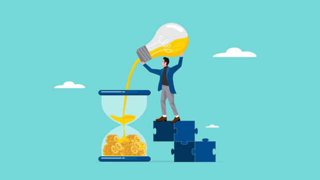 investment strategy, profitable long term investment innovation, idea to make money, invent profit from new idea, businessman pours light bulb ideas into an hourglass to make a profit later