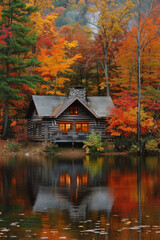 Fototapeta premium A tranquil lakeside cabin nestled amidst a forest of vibrant autumn foliage, with trees ablaze in hues of red, orange, and gold, reflecting in the calm waters of the lake.