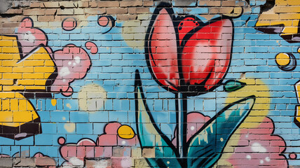 Pop art comic street graffiti with a tulip on a brick wall.	