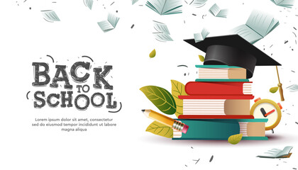 Graduation and educational web banner with stack of books and flying books surround. Back to school template
