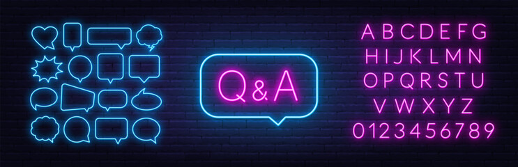 Q and A Neon Sign in speech bubble on brick wall background..