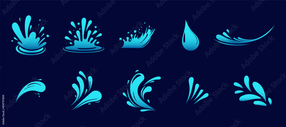 Wall mural Set of water wave splashes, falling aqua drops, sea or ocean waves. Blue water motion effects shape isolated on background, vector cartoon set