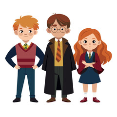 Three children dressed in wizard robes pose for a picture.