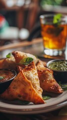 Plate of food with dipping sauces and a drink. Indian food . Vertical background 