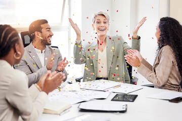 Meeting, applause and business people in celebration with confetti, deal success or promotion in...
