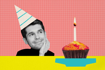 Creative abstract template collage of happy man look cupcake candle light celebrate birthday...