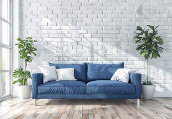 interior design,Stylish Living Room with Blue Sofa and White Brick Wall Background 3d rendering