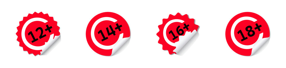 Paper red circle stickers with age restriction from 12+ to 18+ with rounded edges are adhesive. Red tags, paper round stickers with peeled corner and shadow, isolated rounded plastic human age restric
