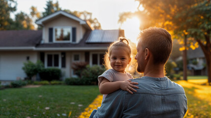Father holding his smiling toddler in a sunlit suburban yard, capturing a heartwarming moment of love and family bonding
