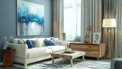 Modern Living Room Oasis: Gray Elegance with Blue Accents