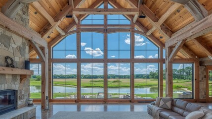 Fototapeta premium Modern farmhouse country home living room interior design with cozy and rustic decor elements
