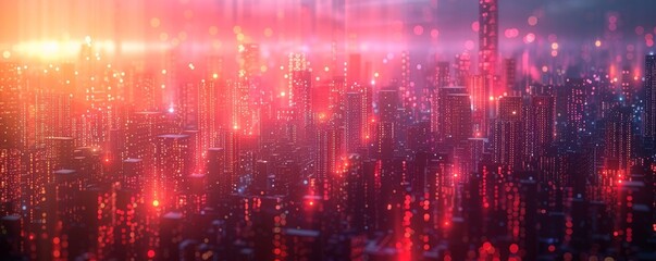 Obraz premium Futuristic cityscape in vibrant red hues: A digital art panorama of an urban skyline