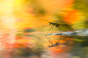 Closeup of a water strider swiftly moving across a pond.