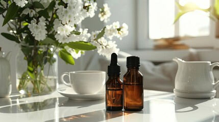 Jars of essential oils in dark glass on the table next to a cup of tea in a bright room with white flowers in a vase in a modern style