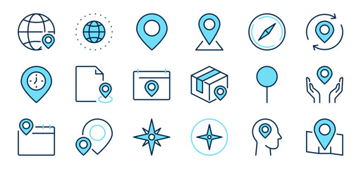 Location line color blue icons set. Point, map, gps navigator, geolocation sign or symbol. Isolated on a white background. Pixel perfect. Editable stroke. 64x64.
