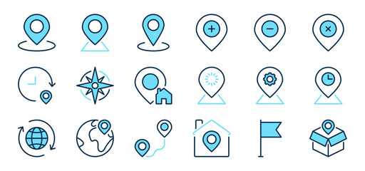 Location line color blue icons set 2. Point, map, gps navigator, geolocation sign or symbol. Isolated on a white background. Pixel perfect. Editable stroke. 64x64.