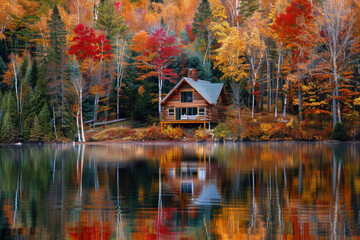 Fototapeta premium A tranquil lakeside cabin nestled amidst a forest of vibrant autumn foliage, with trees ablaze in hues of red, orange, and gold, reflecting in the calm waters of the lake.