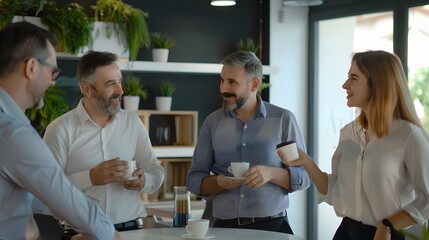 A group of colleagues discussing a project over coffee