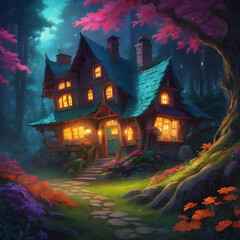 Fantasy House Night Glowing Lights View, Dense Forest, Flower and trees Mobile and Desktop Wallpaper