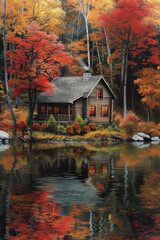 Obraz premium A tranquil lakeside cabin nestled amidst a forest of vibrant autumn foliage, with trees ablaze in hues of red, orange, and gold, reflecting in the calm waters of the lake.