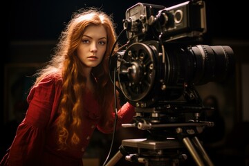 Young woman with long hair operates a vintage movie camera in a dimly lit studio