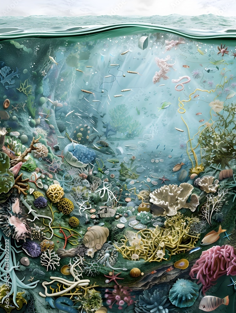 Poster visualizing bacterial interactions in marine ecosystems exploring nutrient cycling and food webs