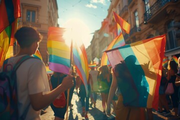 Fototapeta premium With rainbow flags waving proudly overhead, the bustling street became a river of unity and pride, as diverse members of the LGBTQ community came together in celebration of their identities