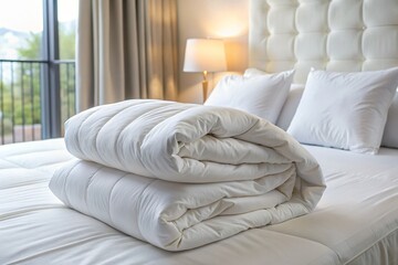 Preparing for the cold winter season, housekeeping, hotel or home textiles. A white folded duvet is lying on the made-up bed.
