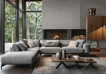  interior design,Modern Living Room with Gray Walls and Fireplace 3d rendering