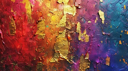 Colorful abstract paint background with gold splashes. Strokes of acrylic, gouache or oil paint....