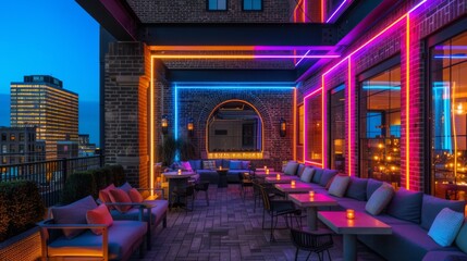 A chic rooftop terrace becomes a trendy hangout spot with neon lighting