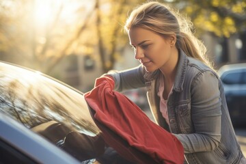 Young woman wipes her car's windshield with a cloth in the warm light of the setting sun