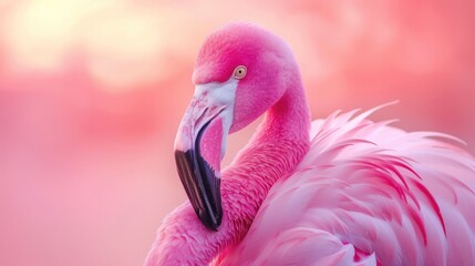 Close-up portrait of beautiful pink flamingo birds. Flamingo against the background of a sunset pink-yellow sky