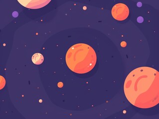 Fototapeta premium Asteroid belt circling a star, Starry space scene with vibrant orange purple planets varying in size, scattered across deep blue background with numerous small stars, creating sense vastness mystery.